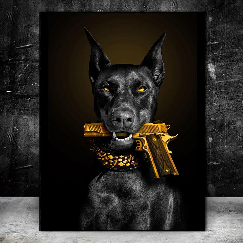 Affiche Doberman Fusil Or