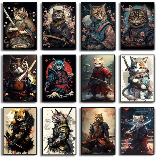 Japanese Painting Samurai Cat Katana Sakura