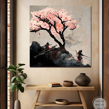 Poster Japonais Samouraï japonais en fleurs de cerisier roses Canvanation