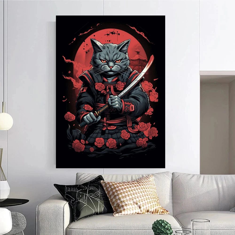 Affiche Japonais Chat Samurai Katana Sakura