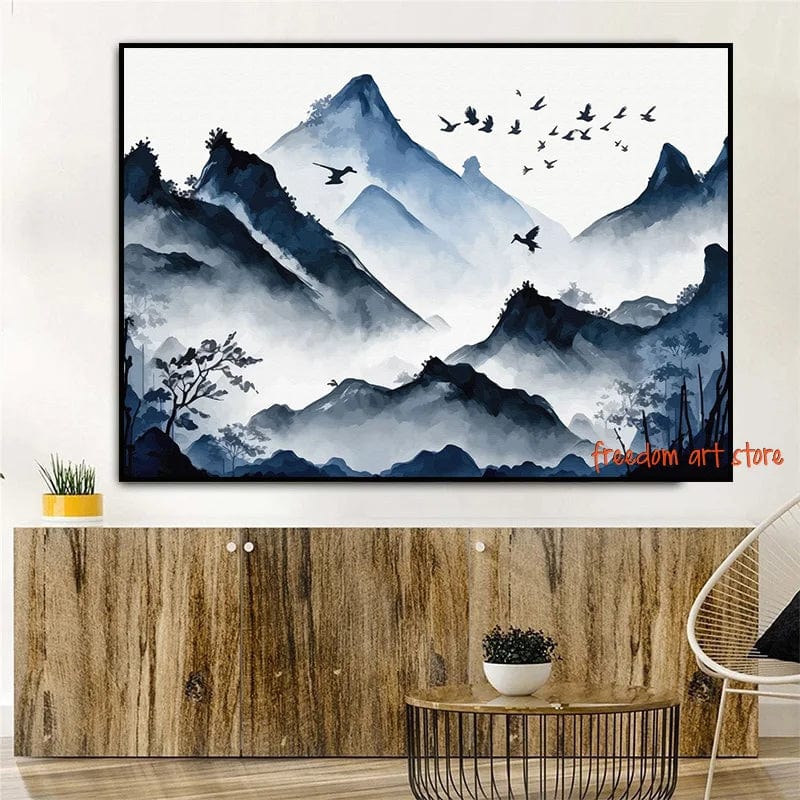 Affiche Japonais Paysage Chinois Couple Oiseaux Forêt Montagne Rivière Poisson Carpe Koi