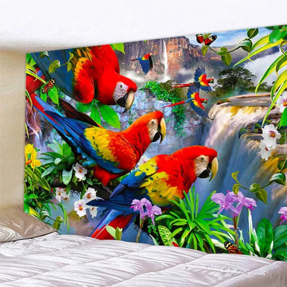 Canvanation Tapisserie d'Art Jungle Oiseau – Scène Psychédélique
