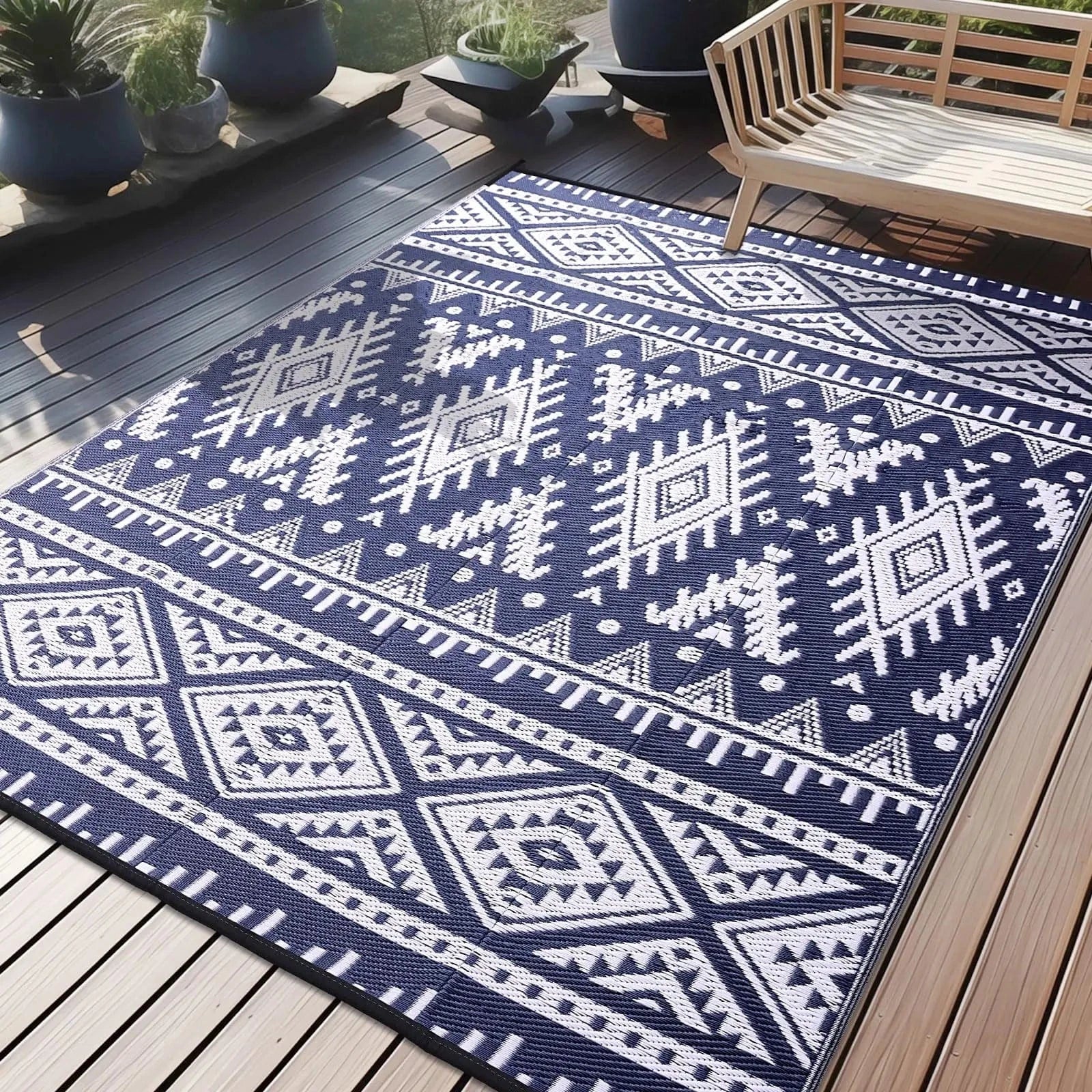 Canvanation Blanc Bleu / 9X12inch(270x360cm) Tapis Boho Rectangulaire – Motif Infini | Déco Bohème pour Salon, Chambre et Extérieur