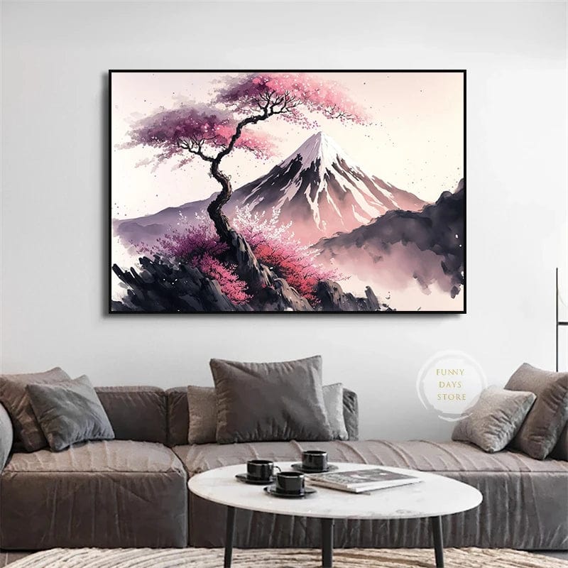 Affiche Japonais Cerisiers En Fleurs Sakura Temple Japon Paysages Mont Fuji