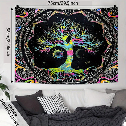 Canvanation Tapisserie Arbre de vie Soleil Lune Etoiles Galaxie Colorée Hippie Psychédélique