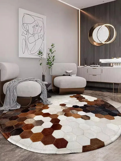 Canvanation Tapis Rond en Véritable Peau de Vache – Marron, Noir et Blanc, Fait Main, Tapis de Salon et Chambre Style Naturel