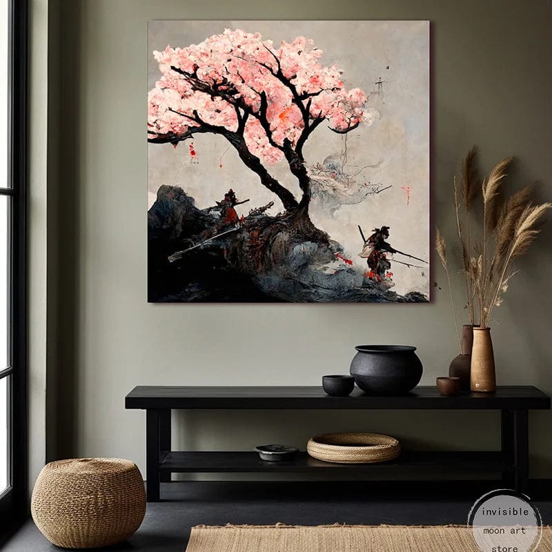 Poster Japonais Samouraï japonais en fleurs de cerisier roses Canvanation