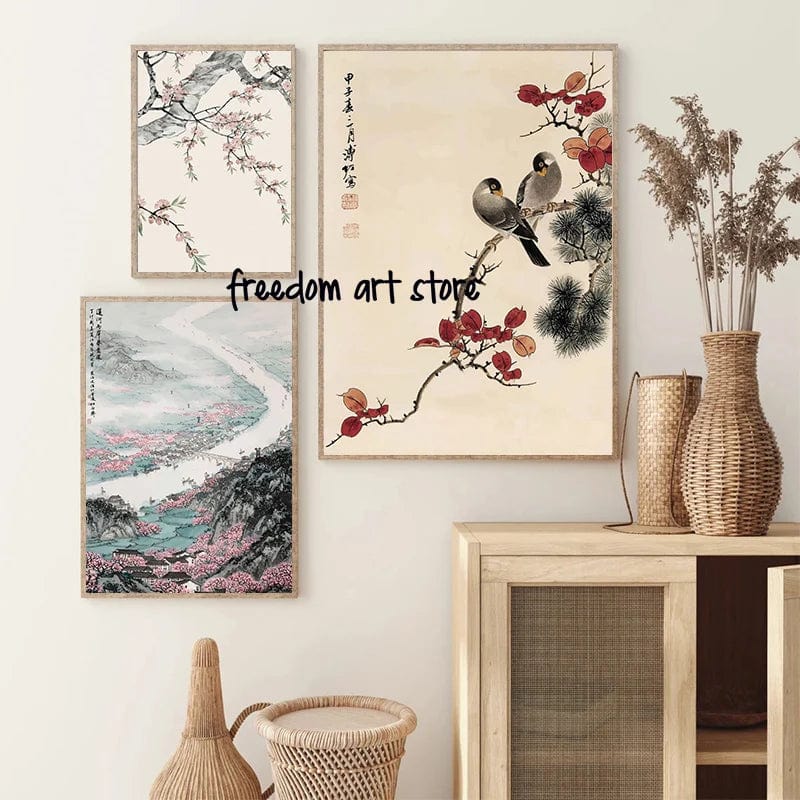 Affiche Japonais Paysage Chinois Couple Oiseaux Forêt Montagne Rivière Poisson Carpe Koi