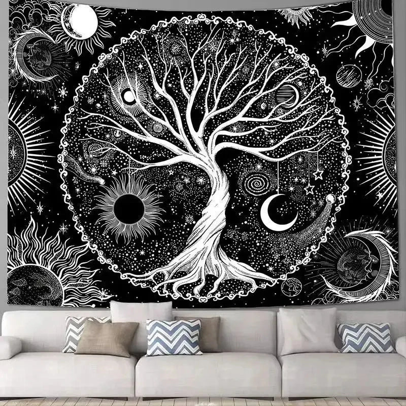 Tapisserie -  L'arbre de vie, du soleil et de la lune, de style bohémien, de couleur noire