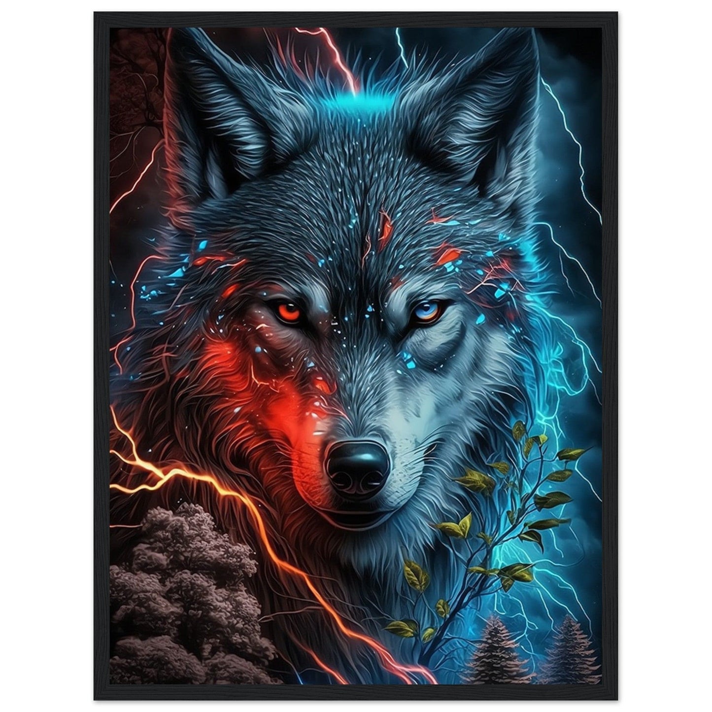 Tableau Loup Noir Bleu Rouge - Canvanation