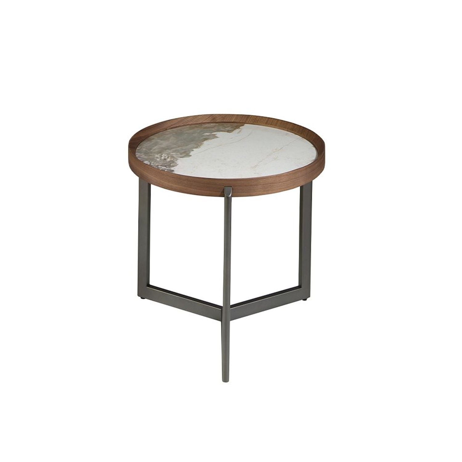 Table d'Angle Ronde Moderne en Bois de Noyer et Marbre Blanc avec Structure en Acier Inoxydable