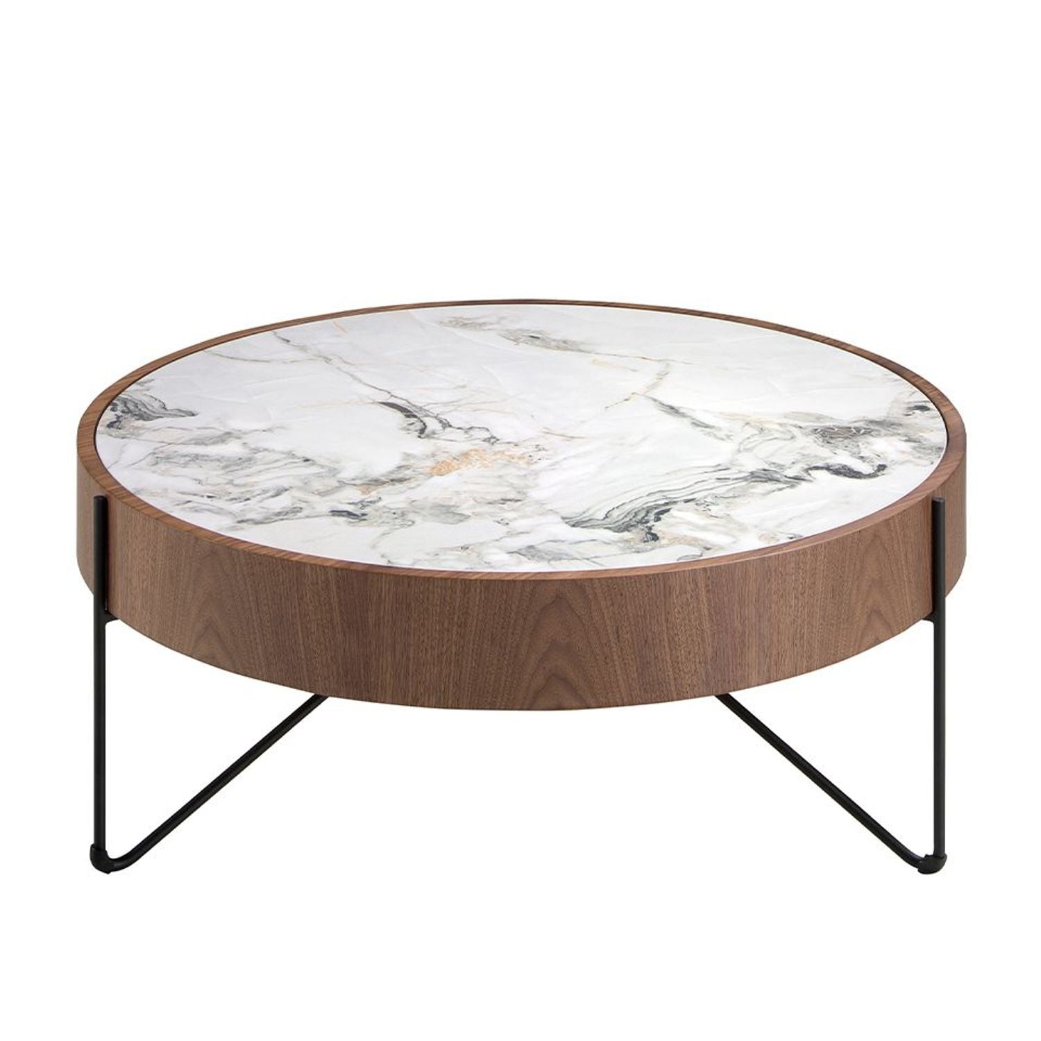 Table Basse Ronde Moderne en Marbre et Bois Noyer – Élégance et Design Avant-Gardiste