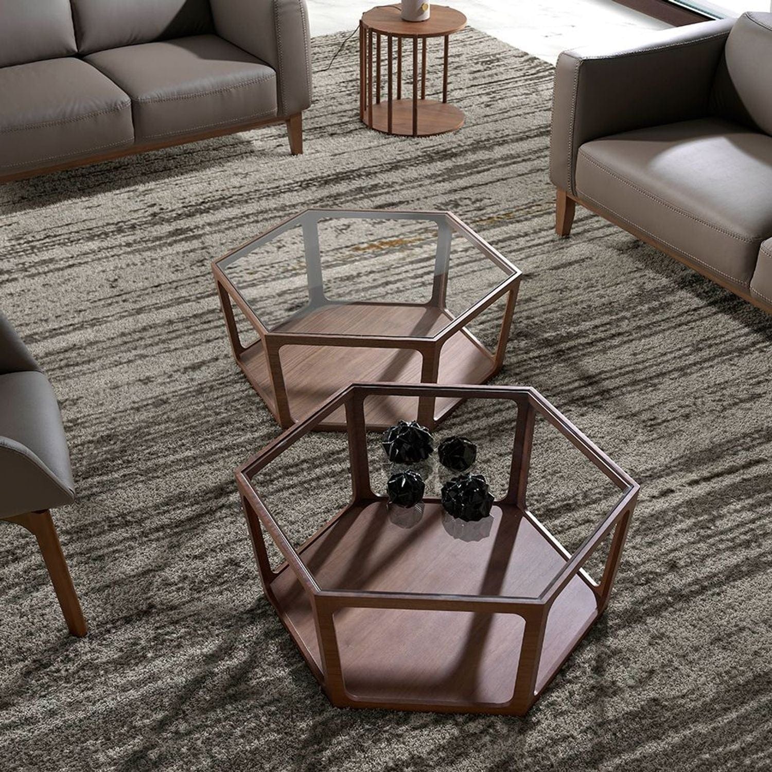 Canvanation Table Basse Hexagonale en Bois Noyer et Verre Trempé Design Moderne