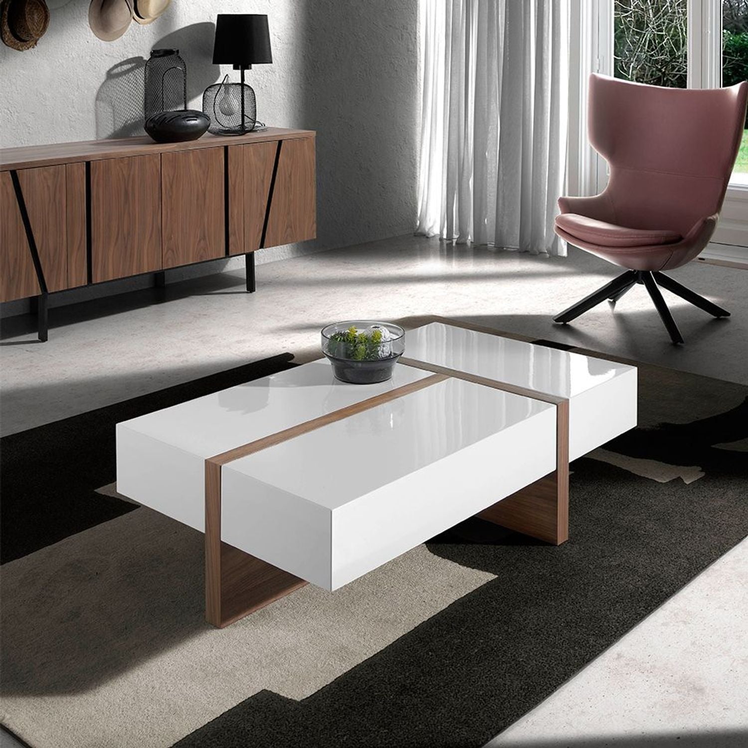 Table Basse Rectangulaire Moderne en Bois Noyer et Blanc avec Tiroirs à Fermeture Amortie